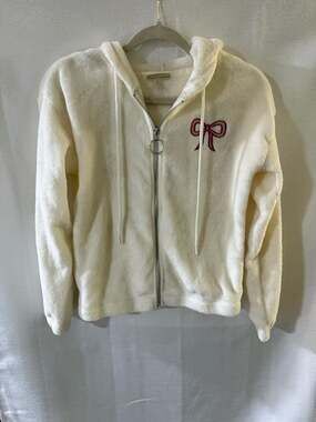 L.A. Gold Plush Faux Fur Zip-Up Hoodie with Pink Bow Embroidery